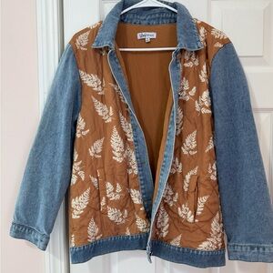 Lucy Avenue Blue and Tan Jean Jacket with Leaf Pattern